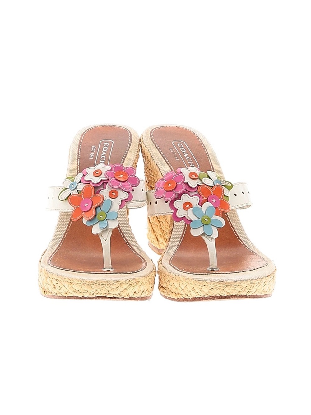 Rare Vintage Coach Wedges Floral Leather Appliqué Jesica Thong Platform Sandals - Picture 11 of 11
